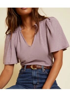 Nation LTD Tierra Flirty Tee Dusty Lilac Puff Sleeve V-Neck  Size M Pima Cotton